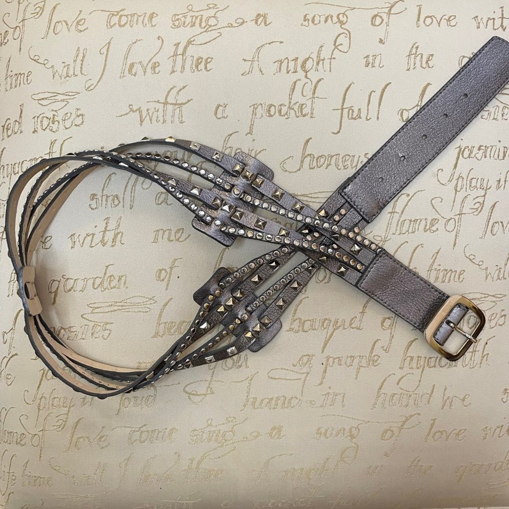 Silver Studded Leather Belt Size L 36